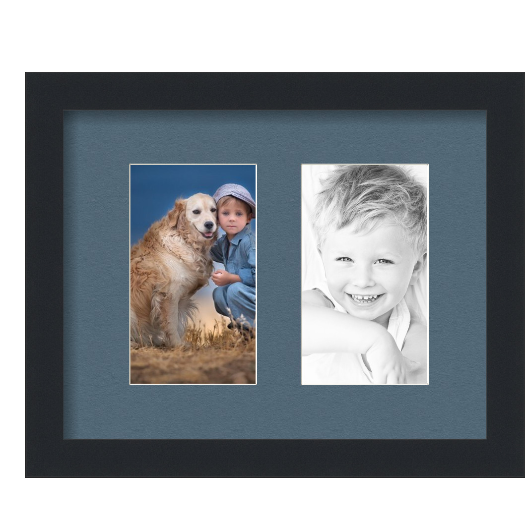 Collage Picture Frame, Satin Black Frame with 2 openings for 4x7 photos with Dutch Blue Mat. D3926FE559, ArtToframes