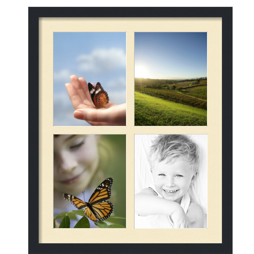 Collage Picture Frame, Satin Black Frame with 4 openings for 8.5x11 photos with Ivory Cream Mat. D3926GA564, ArtToframes