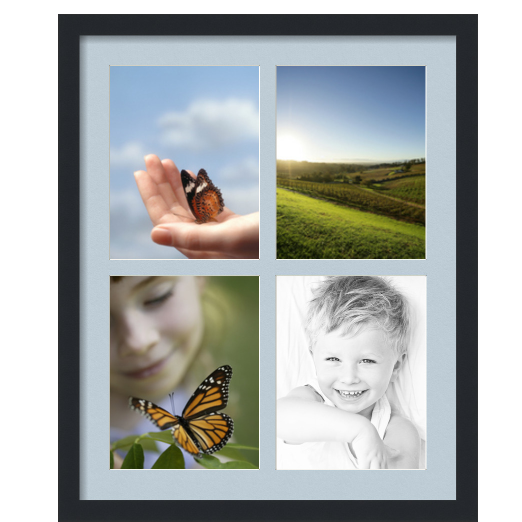 Collage Picture Frame, Satin Black Frame with 4 openings for 8.5x11 photos with Baby Blue Mat. D3926FT564, ArtToframes