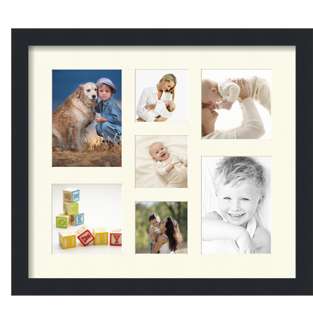 Collage Picture Frame, Satin Black Frame with 7 openings for 5x7 photos with Brilliant White Mat. D3926EM568, ArtToframes