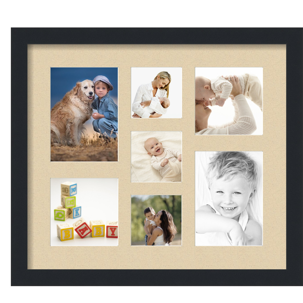 Collage Picture Frame, Satin Black Frame with 7 openings for 5x7 photos with Grey Seaside Mat. D3926GH568, ArtToframes