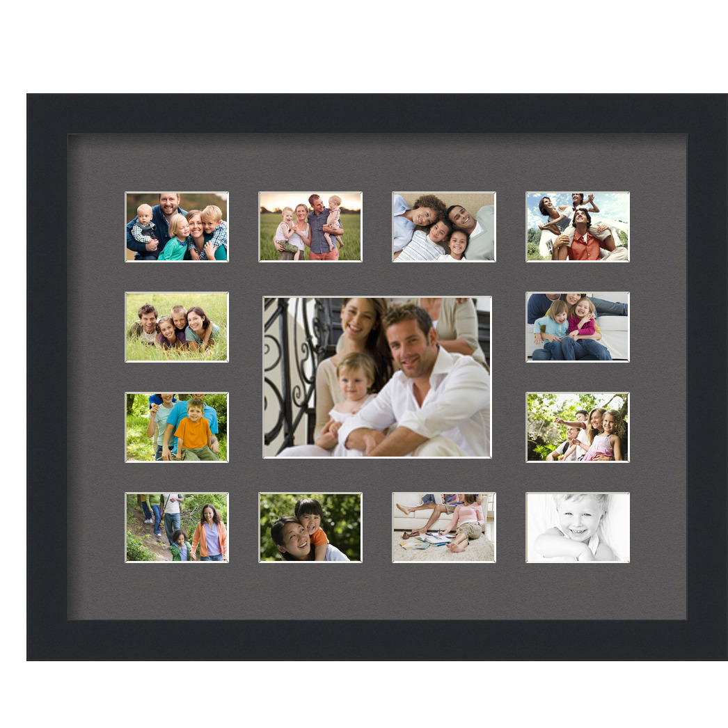 Collage Picture Frame, Satin Black Frame with 13 openings for 2x3 photos with Black Charcoal Mat. D3926EX569, ArtToframes