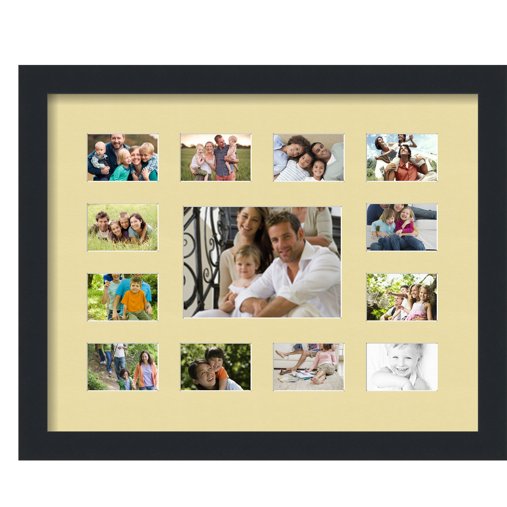 Collage Picture Frame, Satin Black Frame with 13 openings for 2x3 photos with Ivory Buttercup Mat. D3926GD569, ArtToframes
