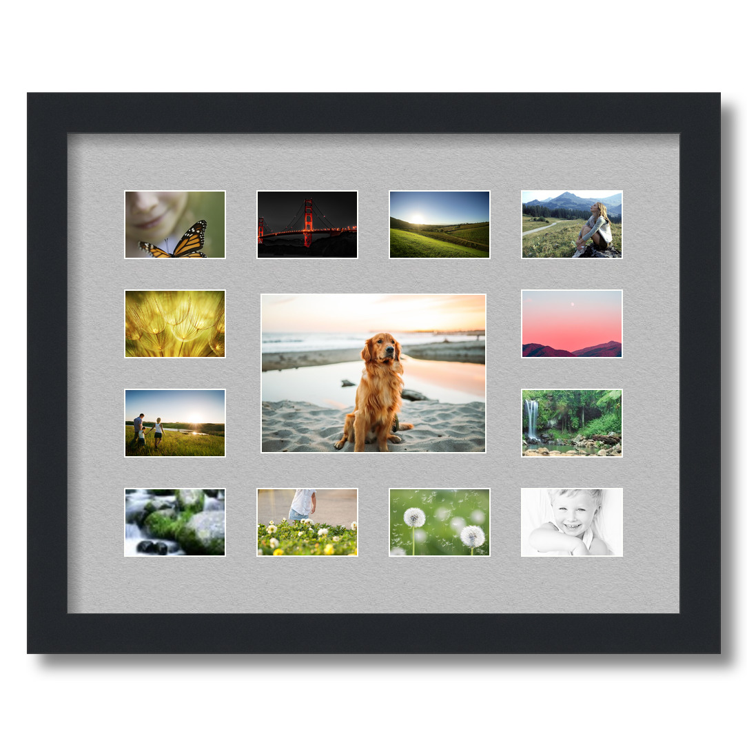 Collage Picture Frame, Satin Black Frame with 13 openings for 2x3 photos with TV Grey Mat. D3926ET569, ArtToframes