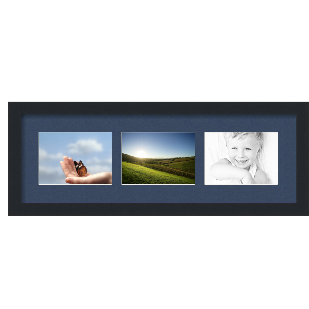 Collage Picture Frame, Satin Black Frame with 3 openings for 5x7 photos with Midnight Blue Mat. D3926FK57, ArtToframes