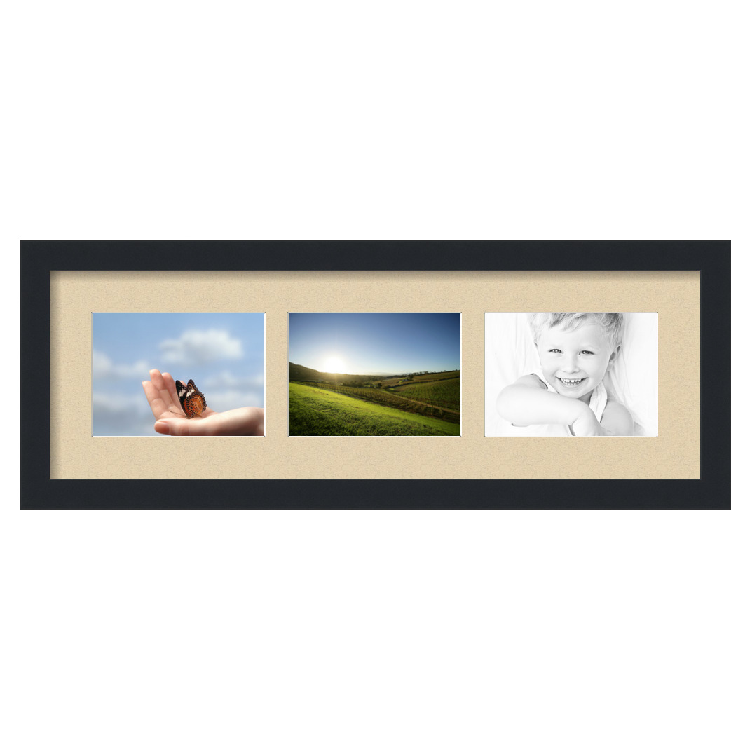 Collage Picture Frame, Satin Black Frame with 3 openings for 5x7 photos with Grey Seaside Mat. D3926GH57, ArtToframes
