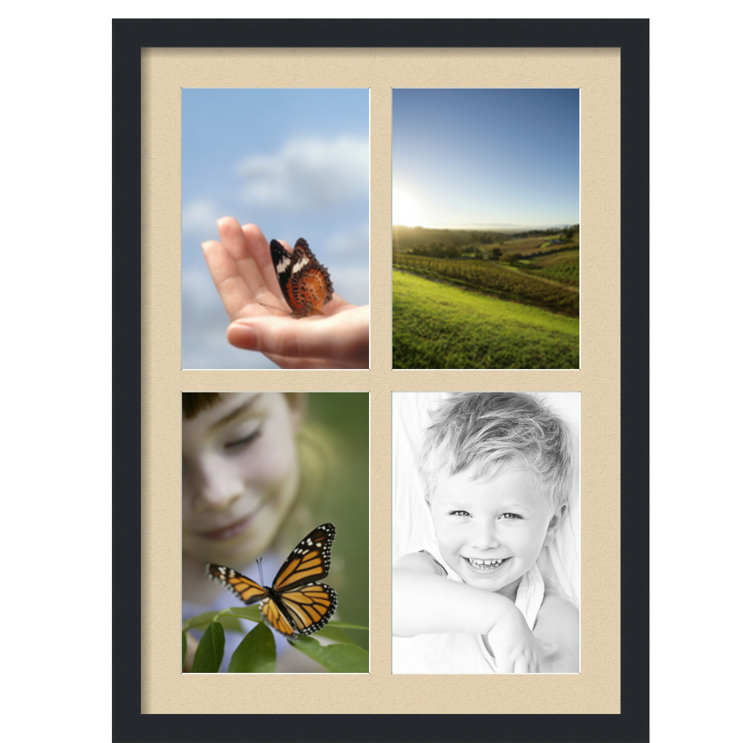 Collage Picture Frame, Satin Black Frame with 4 openings for 8x12 photos with Grey Seaside Mat. D3926GH574, ArtToframes