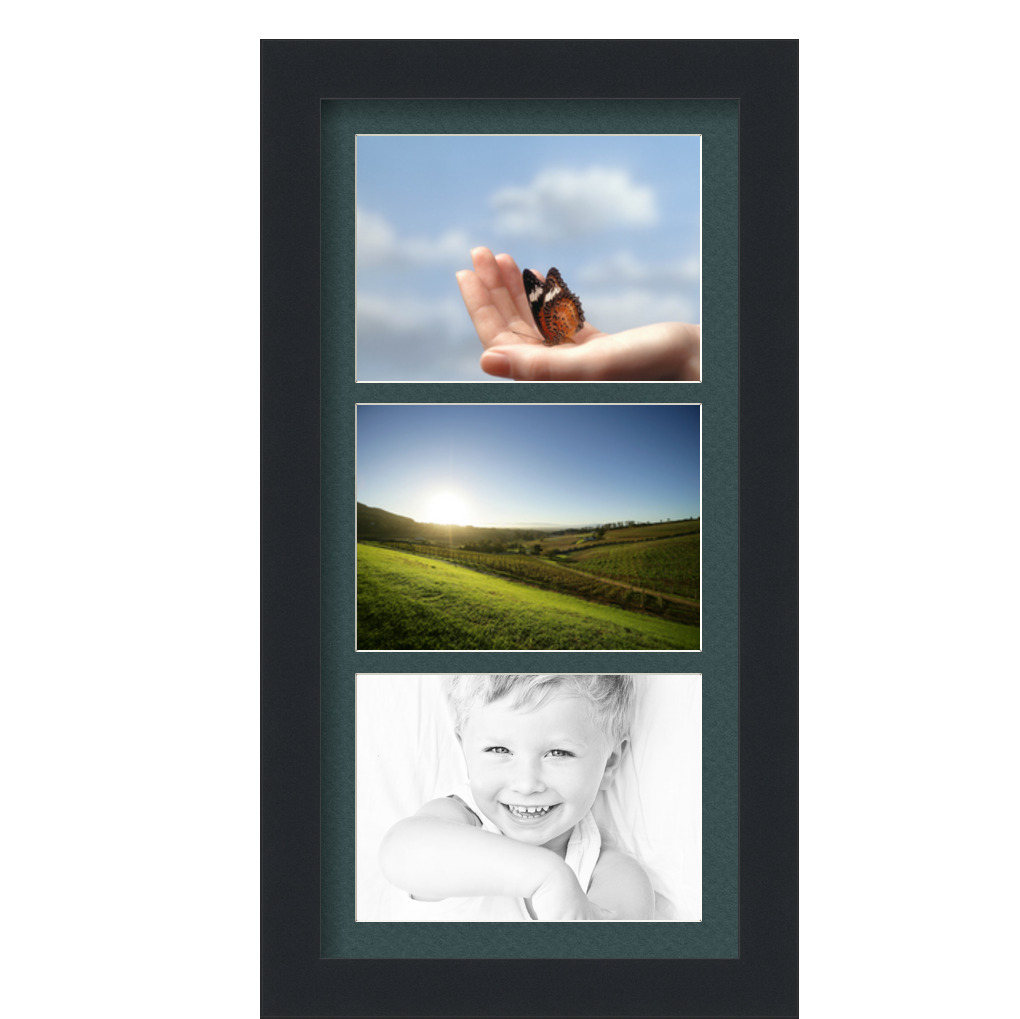 Collage Picture Frame, Satin Black Frame with 3 openings for 5x7 photos with Green Evergreen Mat. D3926HF5765, ArtToframes