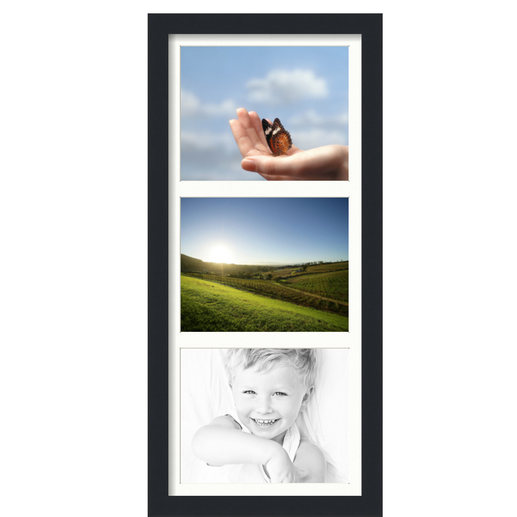 Collage Picture Frame, Satin Black Frame with 3 openings for 8x10 photos with Fabric White Mat. D3926EK5767, ArtToframes