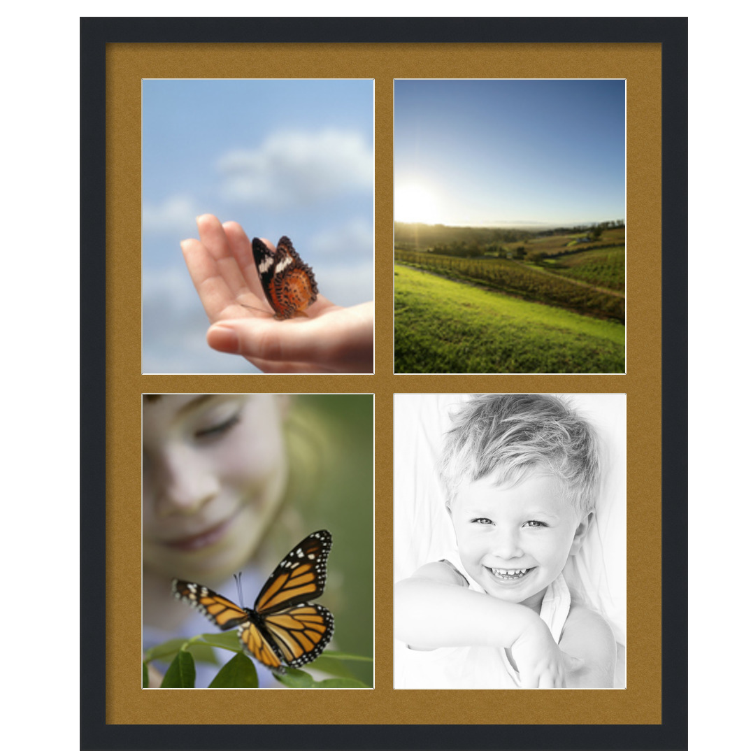 Collage Picture Frame, Satin Black Frame with 4 openings for 11x14 photos with Brown El Dorado Mat. D3926EE588, ArtToframes