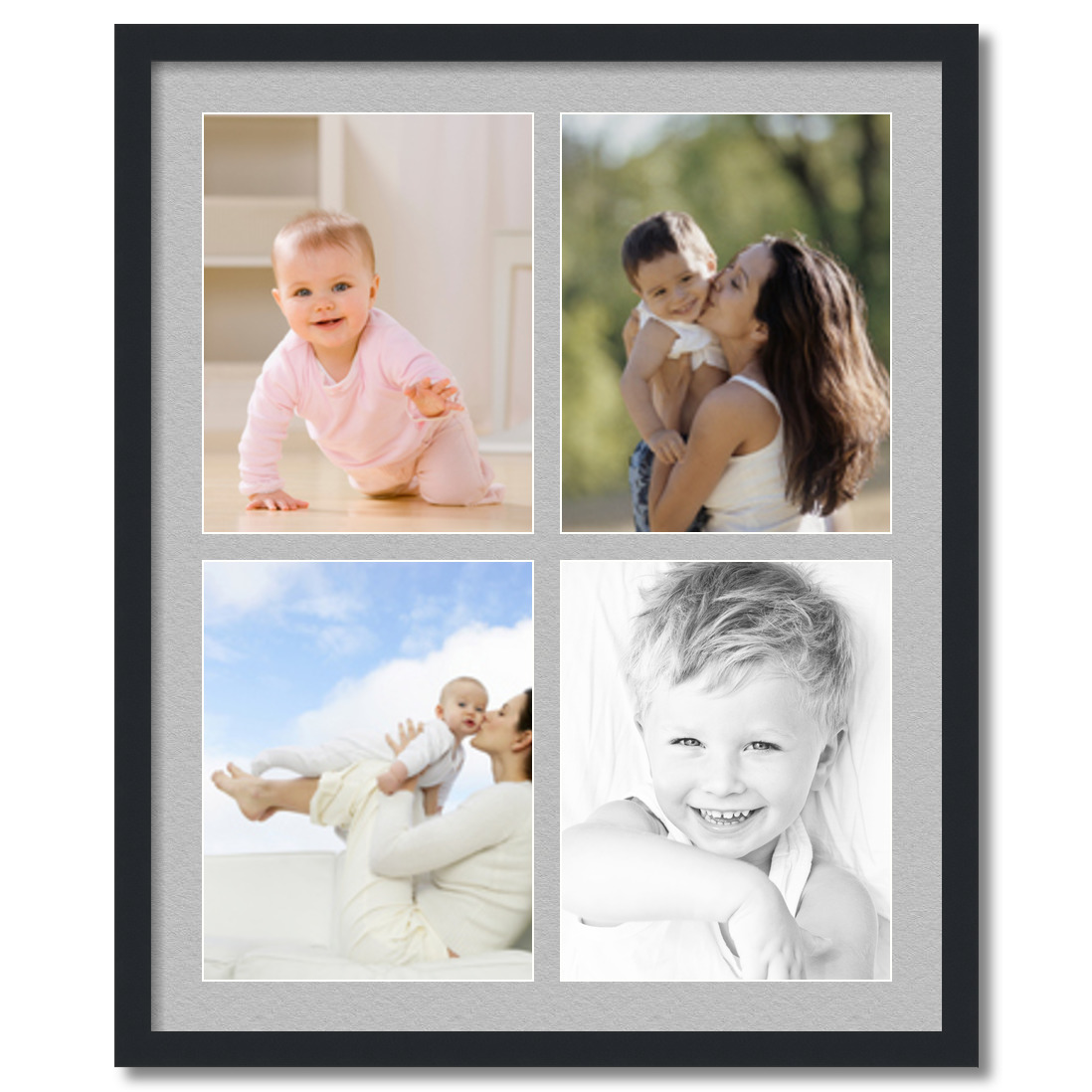 Collage Picture Frame, Satin Black Frame with 4 openings for 11x14 photos with TV Grey Mat. D3926ET588, ArtToframes