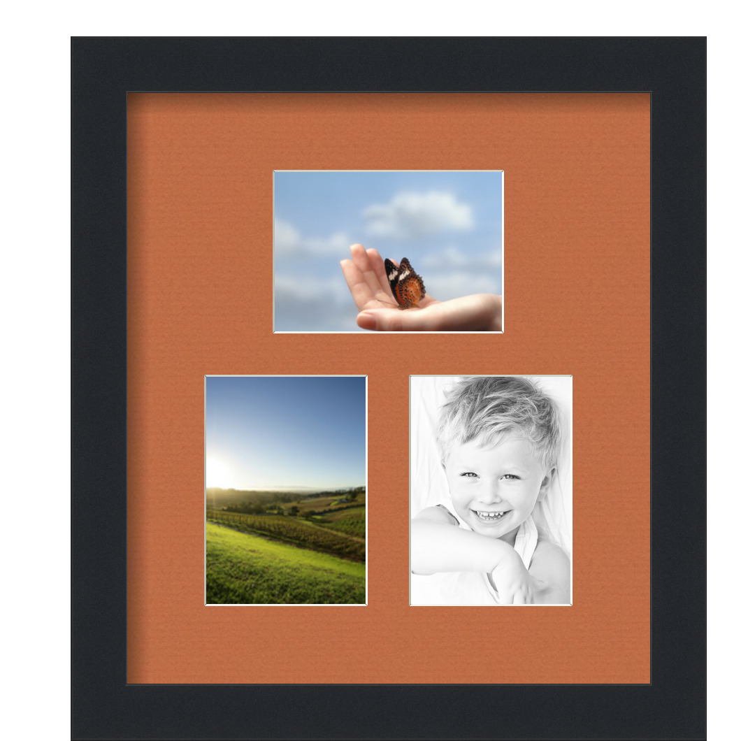 Collage Picture Frame, Satin Black Frame with 3 openings for 3.5x5 photos with Red Orange Mat. D3926DB597, ArtToframes