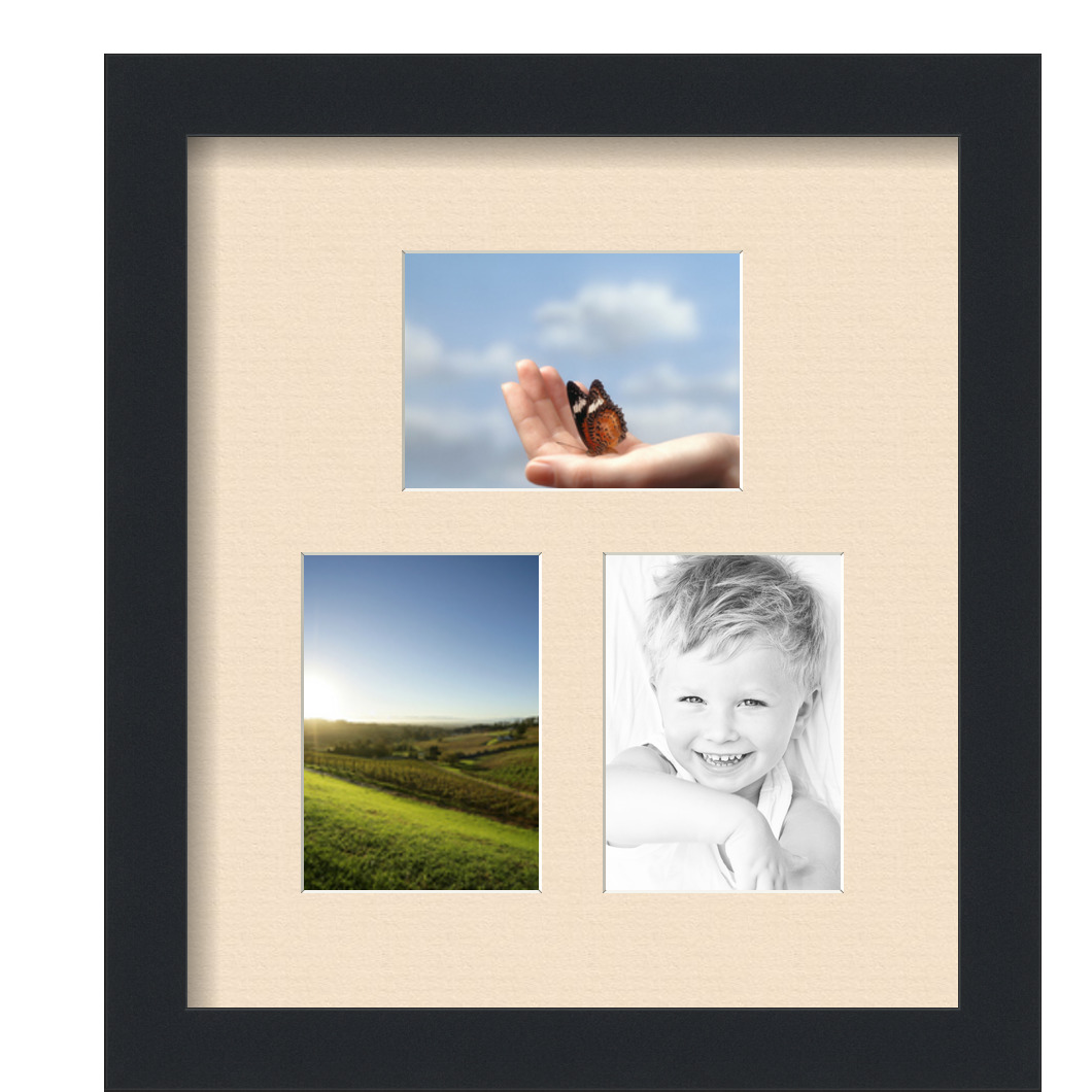 Collage Picture Frame, Satin Black Frame with 3 openings for 3.5x5 photos with Ivory French Creme Mat. D3926DF597, ArtToframes