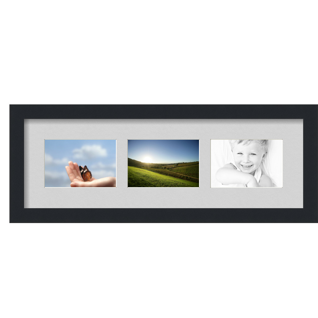 Collage Picture Frame, Satin Black Frame with 3 openings for 4x6 photos with Grey Candlewick Mat. D3926EP60, ArtToframes