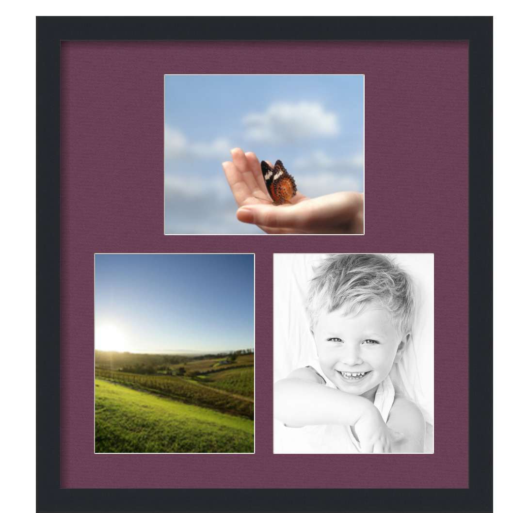 Collage Picture Frame, Satin Black Frame with 3 openings for 8x10 photos with Red Ruby Mat. D3926FW601, ArtToframes