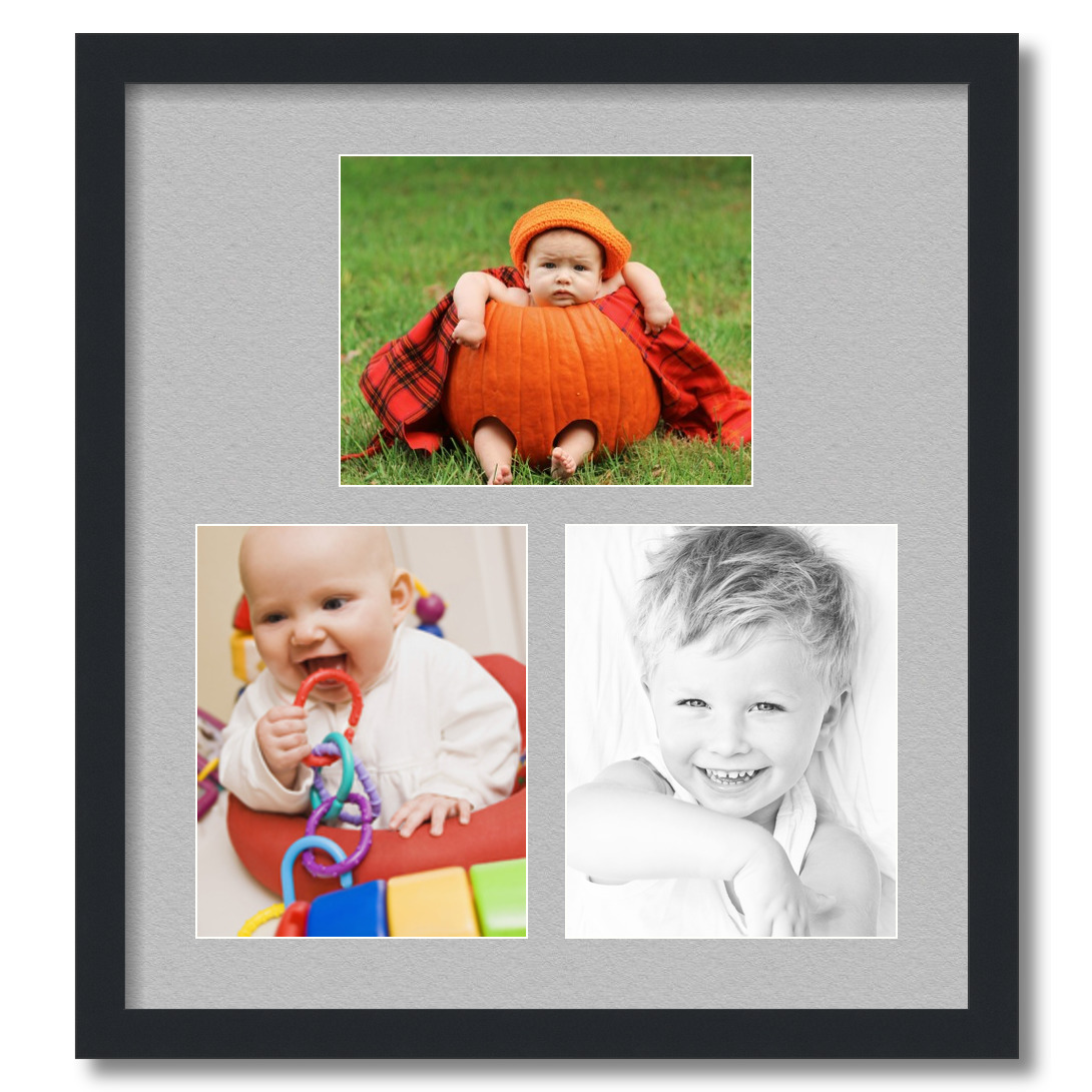 Collage Picture Frame, Satin Black Frame with 3 openings for 8x10 photos with TV Grey Mat. D3926ET601, ArtToframes
