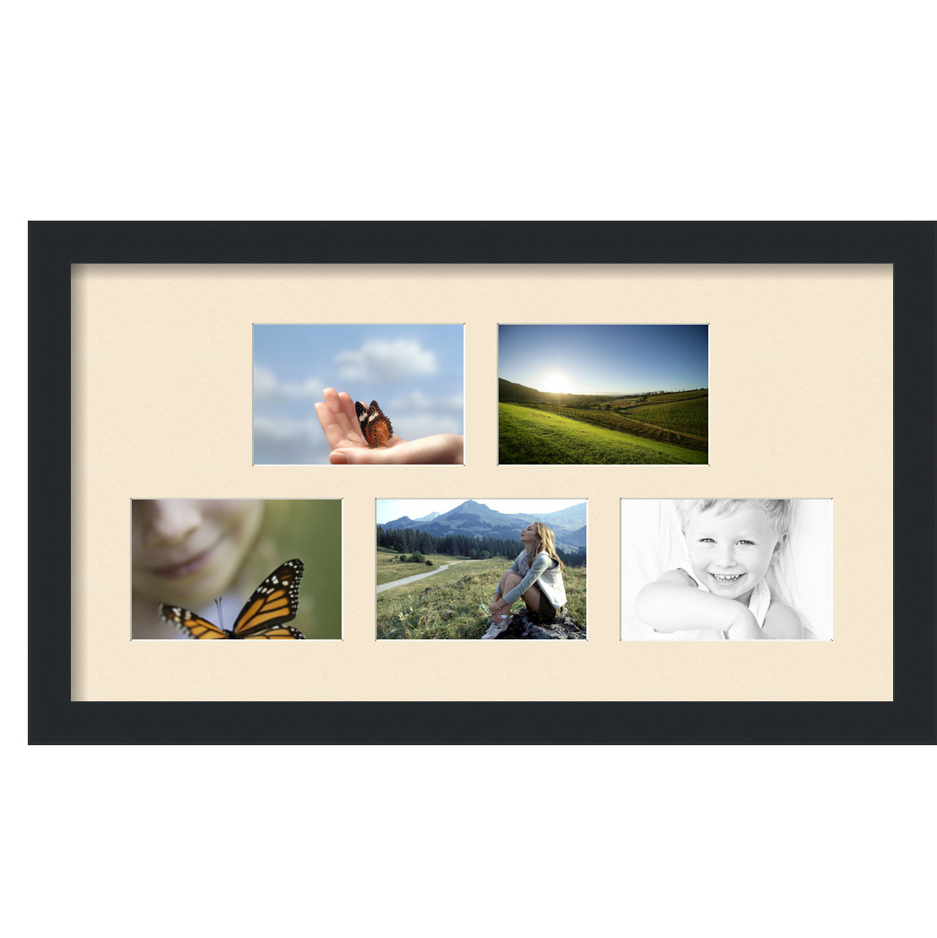 Collage Picture Frame, Satin Black Frame with 5 openings for 4x6 photos with Pink Alabaster Mat. D3926DE603, ArtToframes