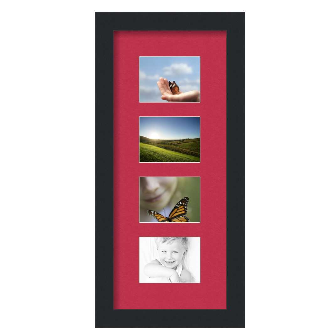 Collage Picture Frame, Satin Black Frame with 4 openings for 3x4 photos with Red Rouge Mat. D3926CS609, ArtToframes