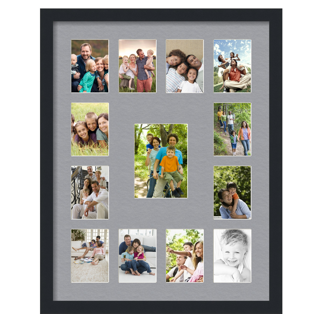 Collage Picture Frame, Satin Black Frame with 13 openings for 5x7 photos with Silver Mat. D3926HR612, ArtToframes