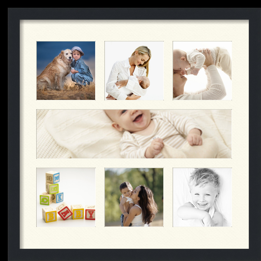 Collage Picture Frame, Satin Black Frame with 7 openings for 5x20 photos with Ivory Off White Mat. D3926FZ619, ArtToframes