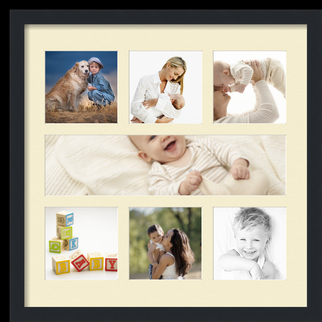 Collage Picture Frame, Satin Black Frame with 7 openings for 5x20 photos with Ivory Oyster Mat. D3926GC619, ArtToframes
