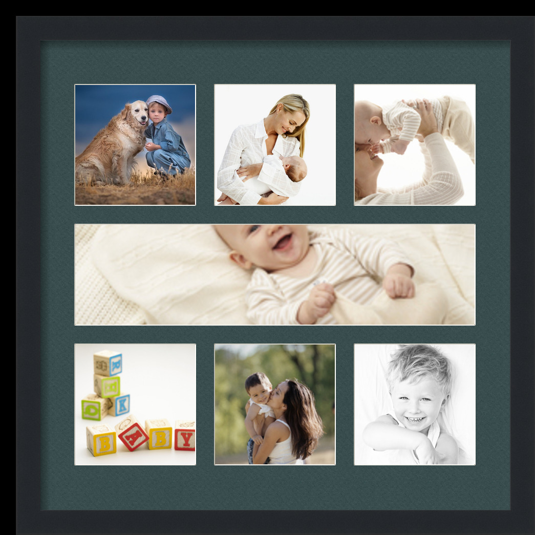 Collage Picture Frame, Satin Black Frame with 7 openings for 5x20 photos with Green Evergreen Mat. D3926HF619, ArtToframes