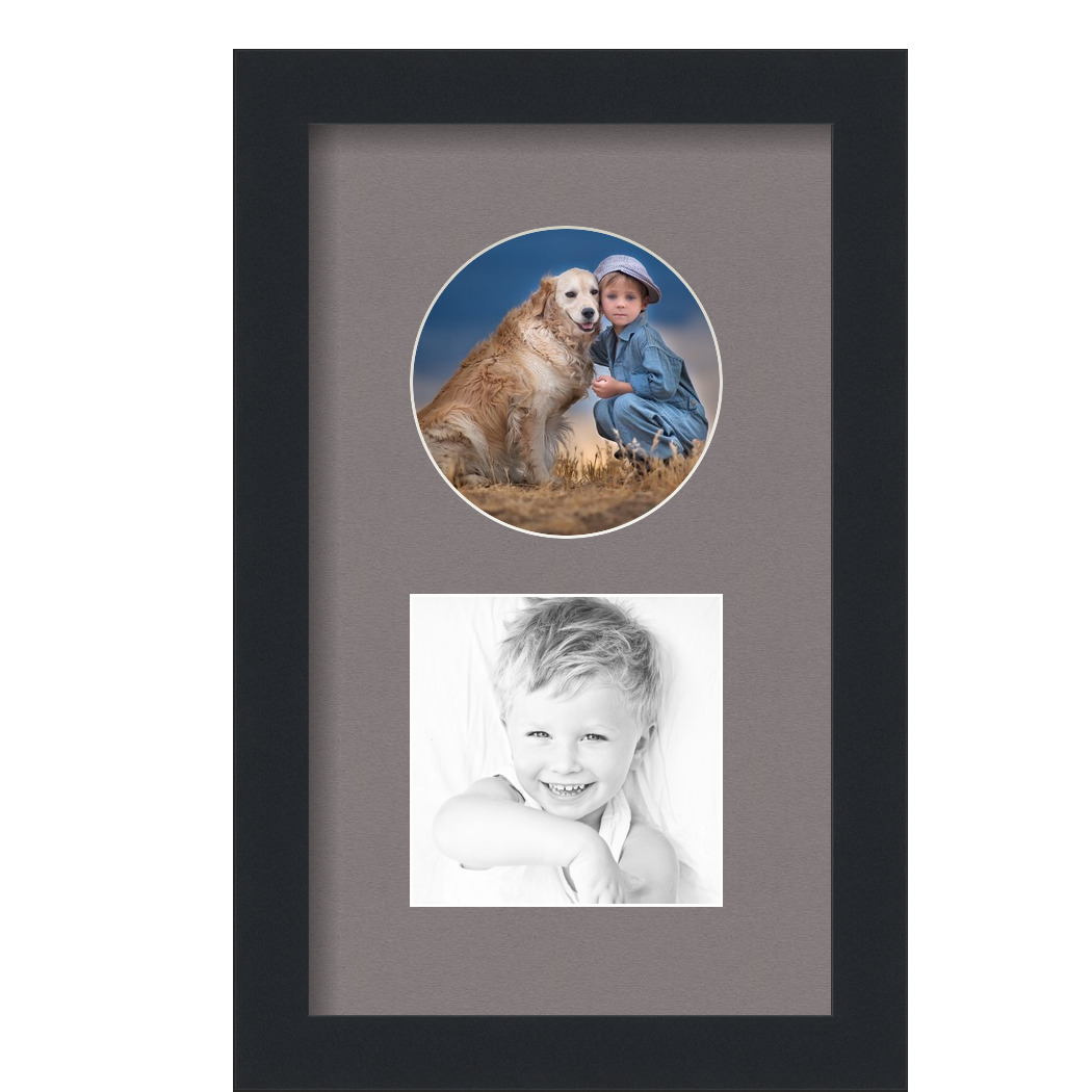Collage Picture Frame, Satin Black Frame with 2 openings for 5x5 photos with Grey Pewter Mat. D3926GG620, ArtToframes