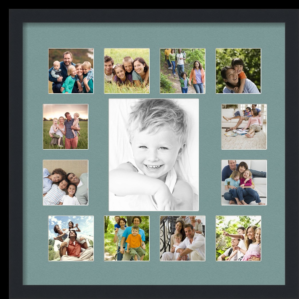 Collage Picture Frame, Satin Black Frame with 13 openings for 8x10 photos with Nile Green Mat. D3926HA624, ArtToframes