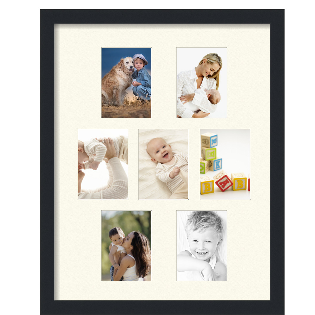 Collage Picture Frame, Satin Black Frame with 7 openings for 4.25x6 photos with Ivory Off White Mat. D3926FZ626, ArtToframes
