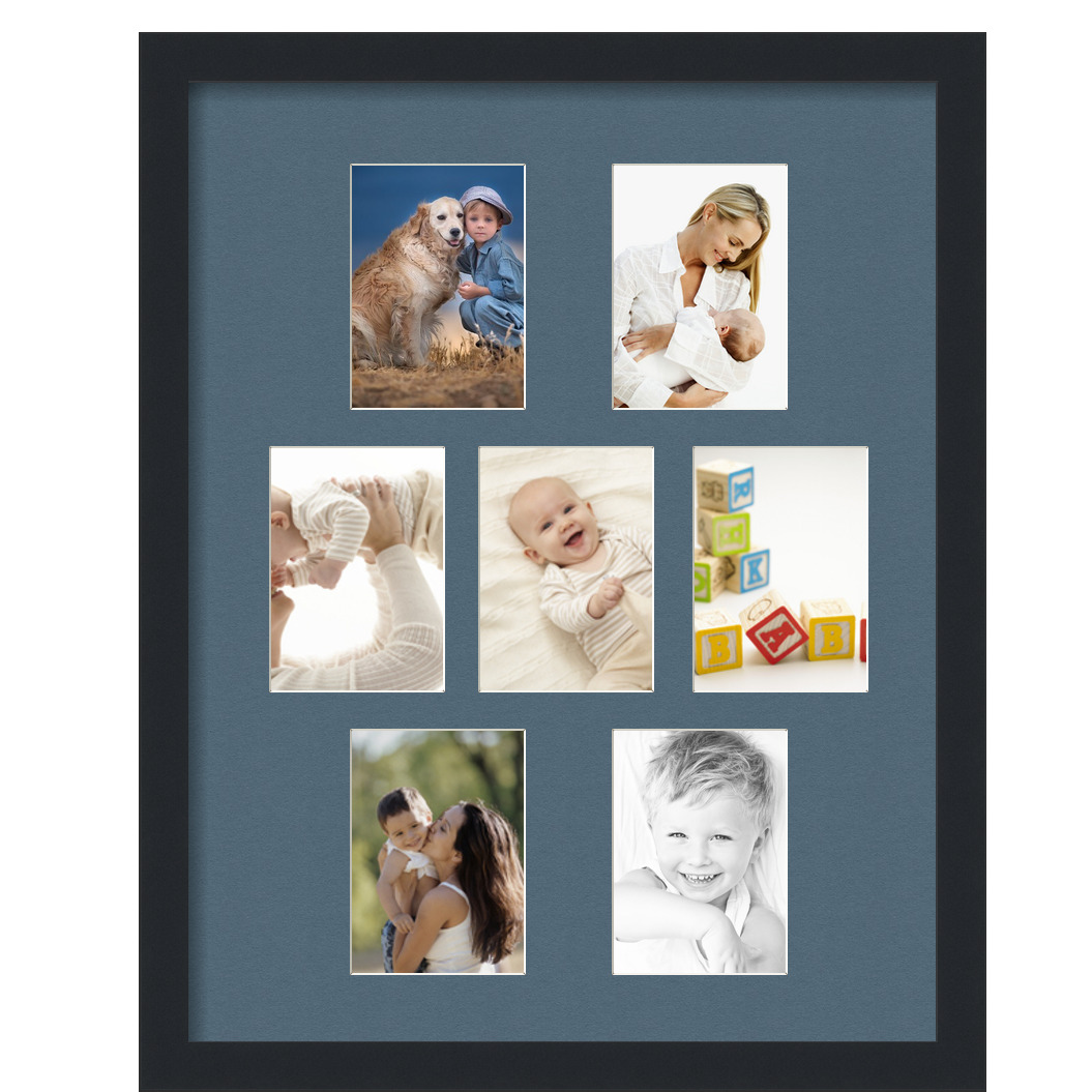 Collage Picture Frame, Satin Black Frame with 7 openings for 4.25x6 photos with Dutch Blue Mat. D3926FE626, ArtToframes