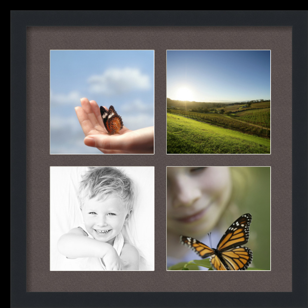 Collage Picture Frame, Satin Black Frame with 4 openings for 8x8 photos with Brown Chestnut Mat. D3926EH628, ArtToframes