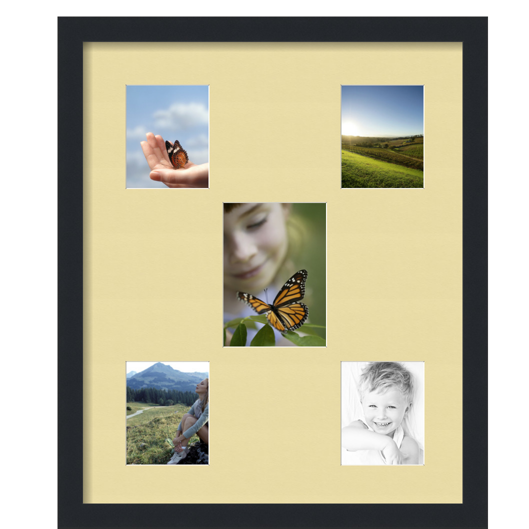 Collage Picture Frame, Satin Black Frame with 5 openings for 5x7 photos with Ivory Buttercup Mat. D3926GD64, ArtToframes