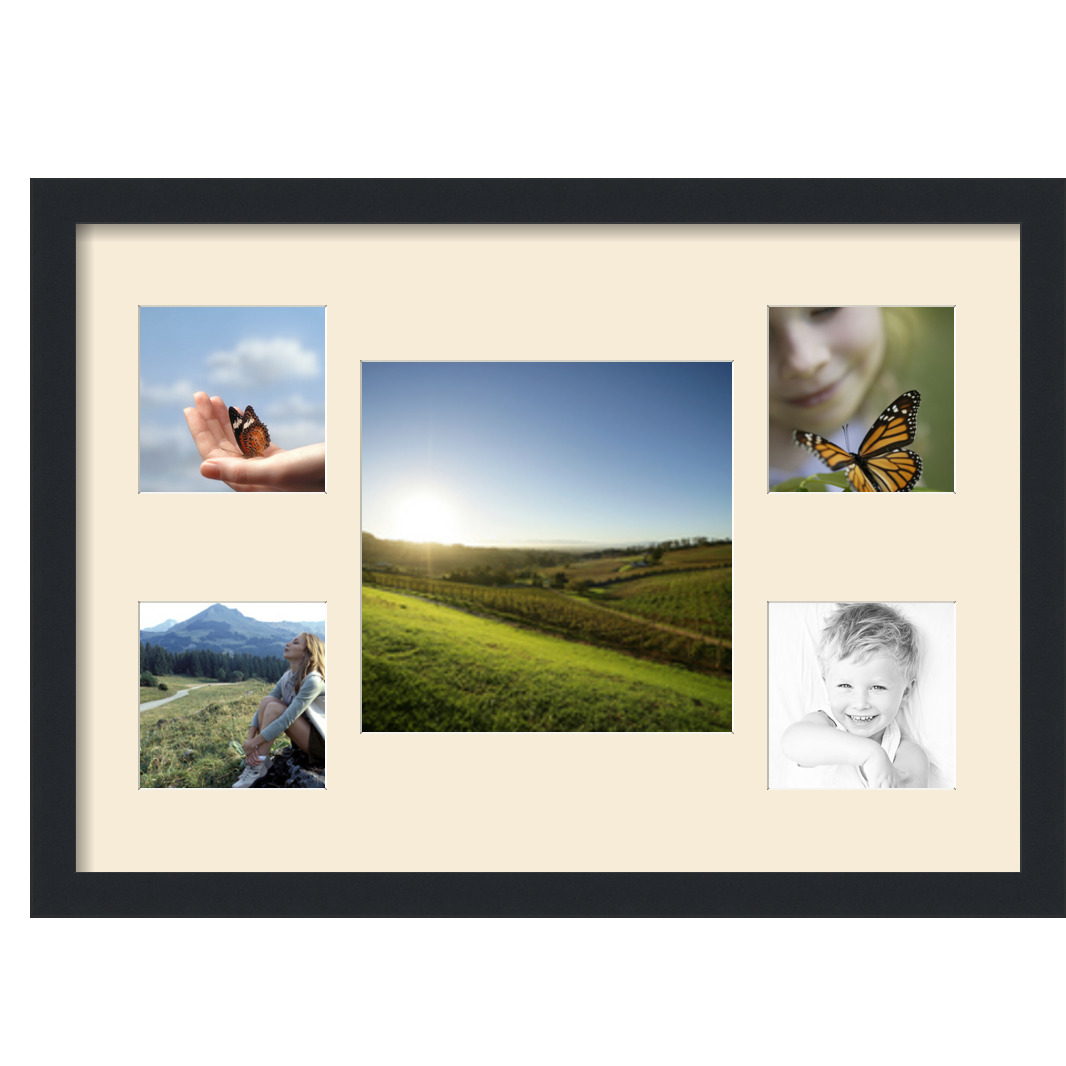 Collage Picture Frame, Satin Black Frame with 5 openings for 10x10 photos with White Ivory Mat. D3926FY67, ArtToframes