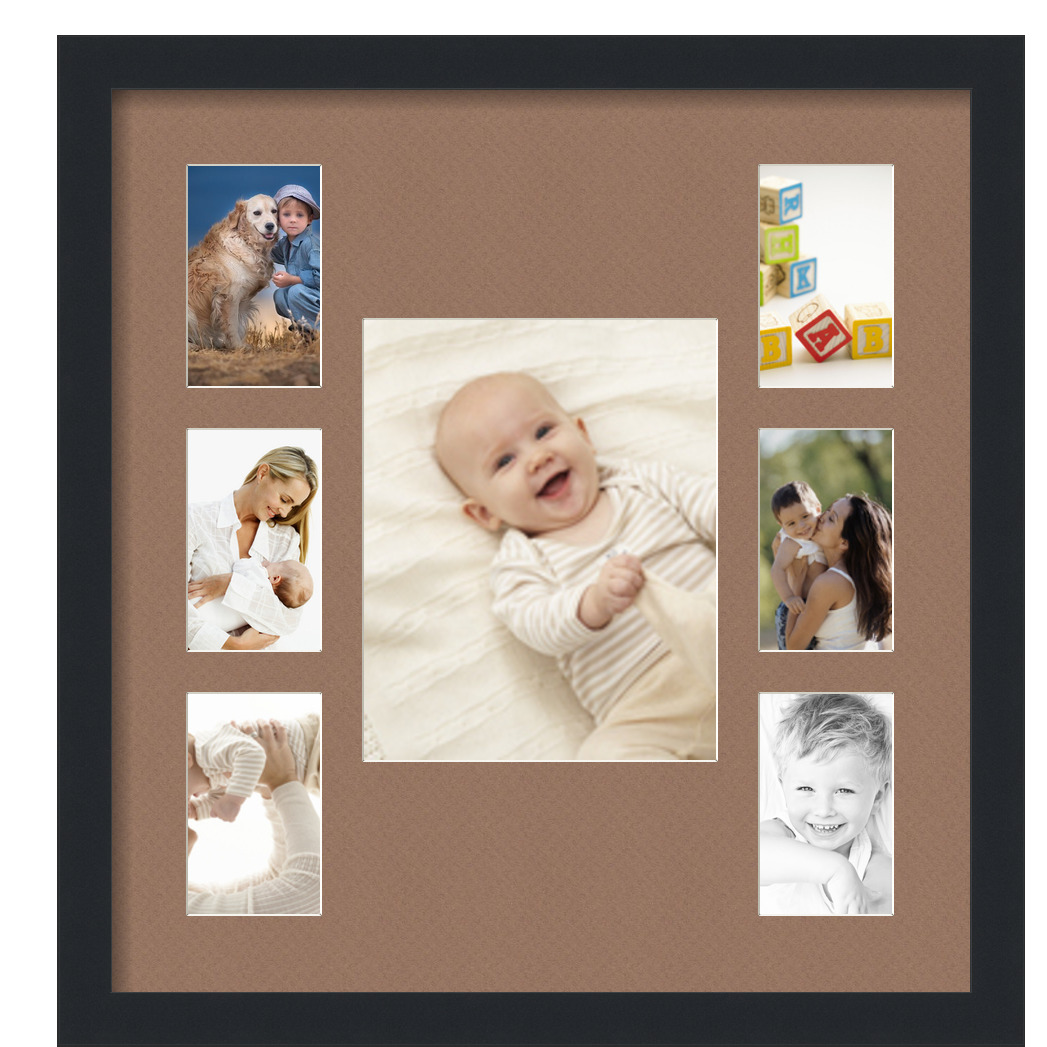 Collage Picture Frame, Satin Black Frame with 7 openings for 8x10 photos with Brown Sandpiper Mat. D3926DJ672, ArtToframes