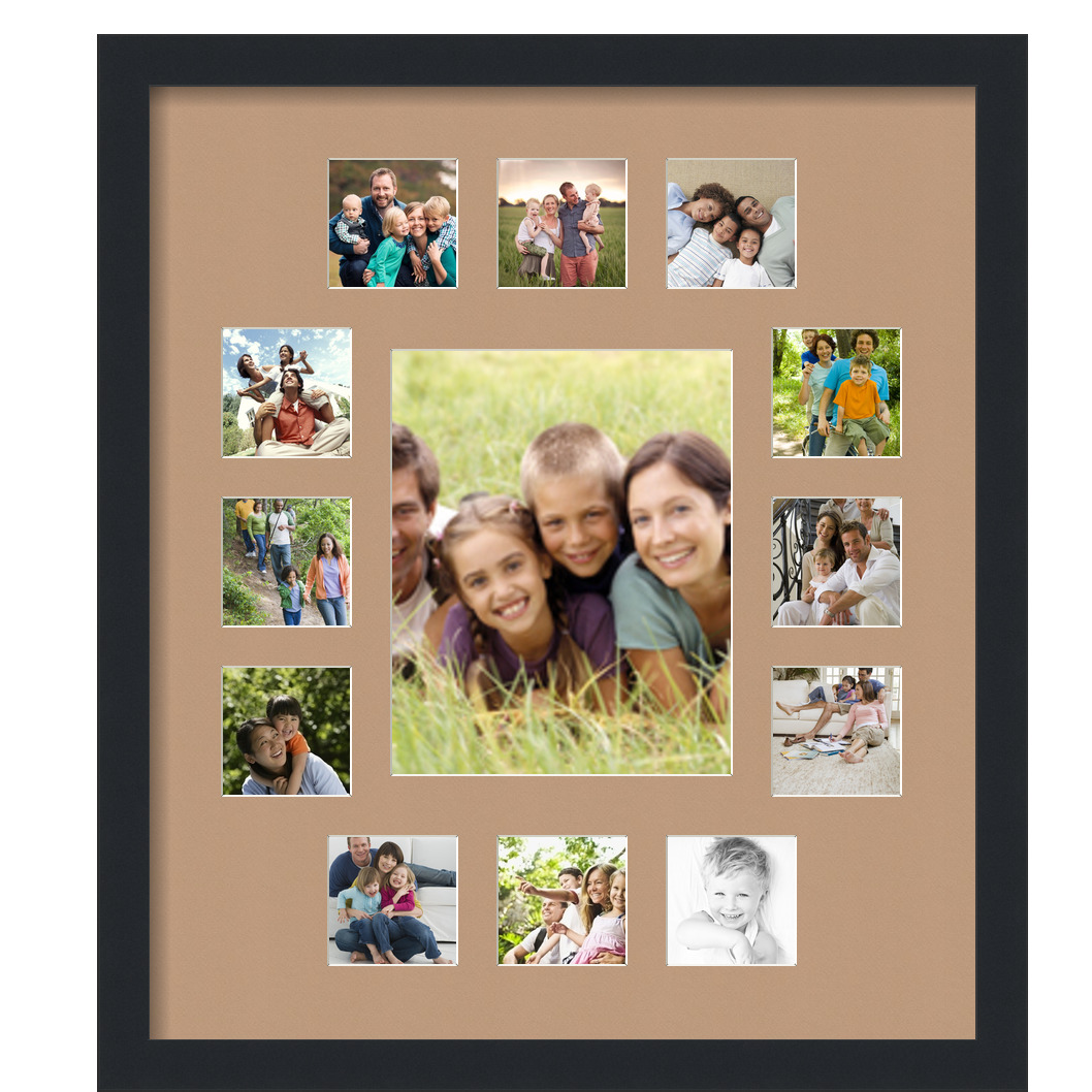 Collage Picture Frame, Satin Black Frame with 13 openings for 8x10 photos with Brown Desert Sand Mat. D3926DZ676, ArtToframes