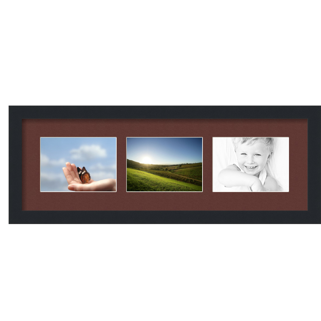 Collage Picture Frame, Satin Black Frame with 3 openings for 5x7 photos with Red Maroon Mat. D3926IH679, ArtToframes