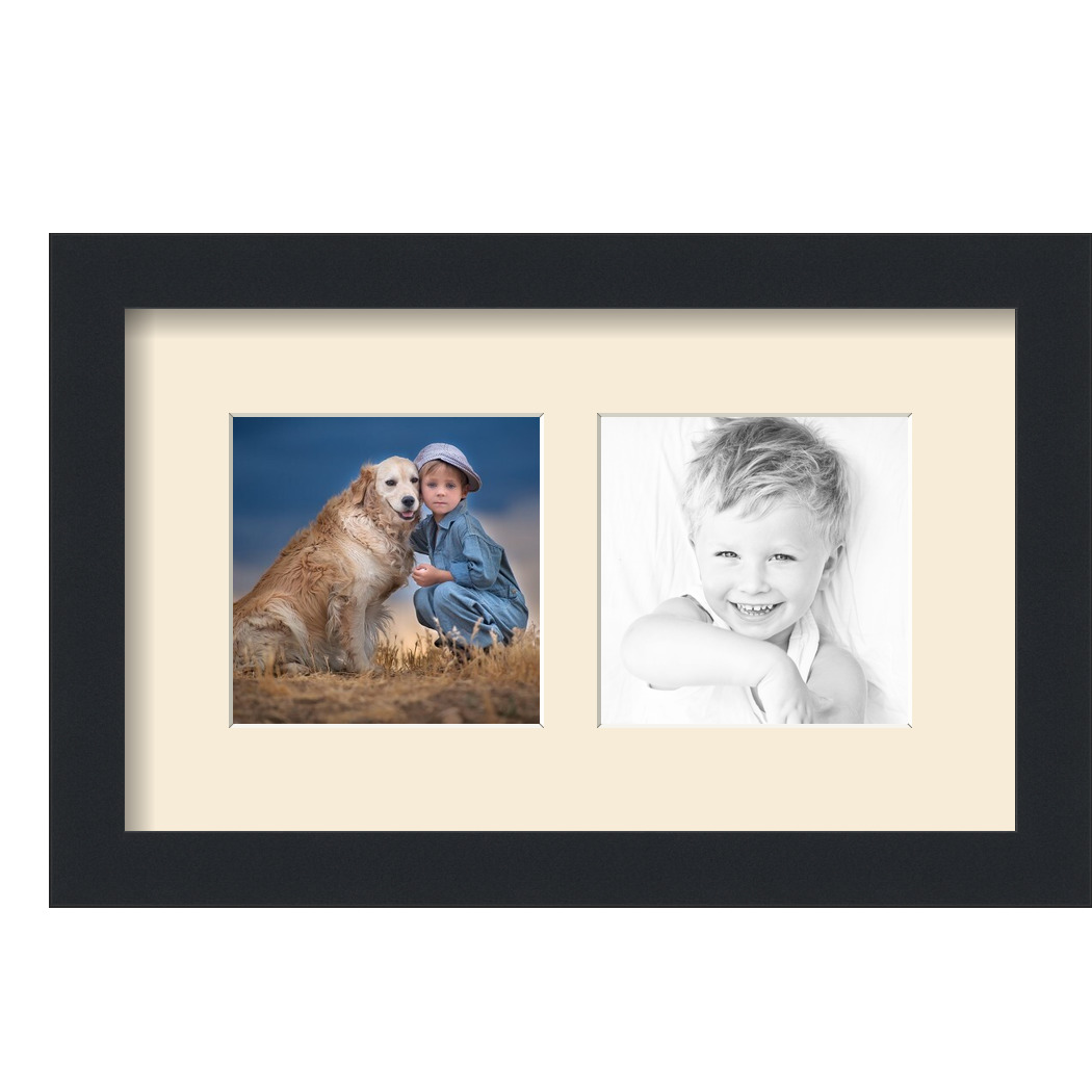 Collage Picture Frame, Satin Black Frame with 2 openings for 5x5 photos with White Ivory Mat. D3926FY699, ArtToframes