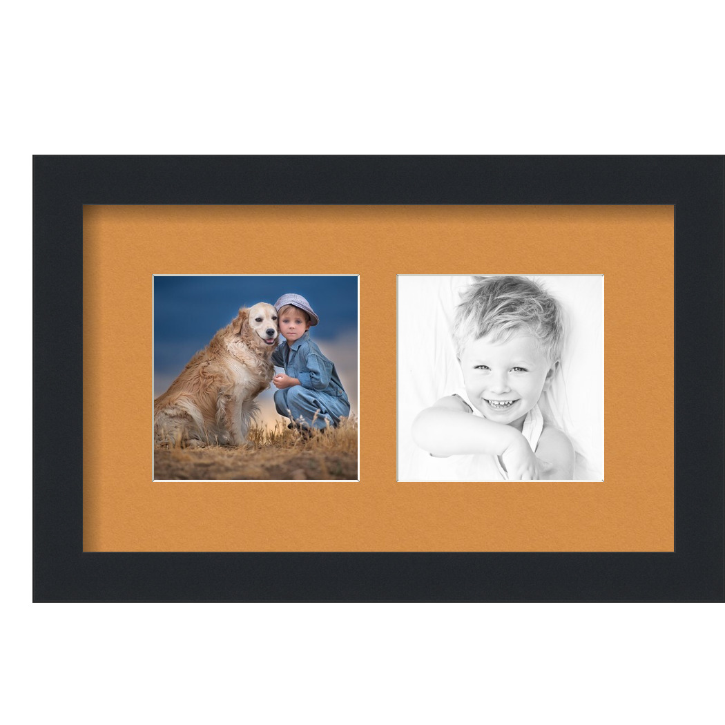 Collage Picture Frame, Satin Black Frame with 2 openings for 5x5 photos with Yellow Amber Mat. D3926CH699, ArtToframes