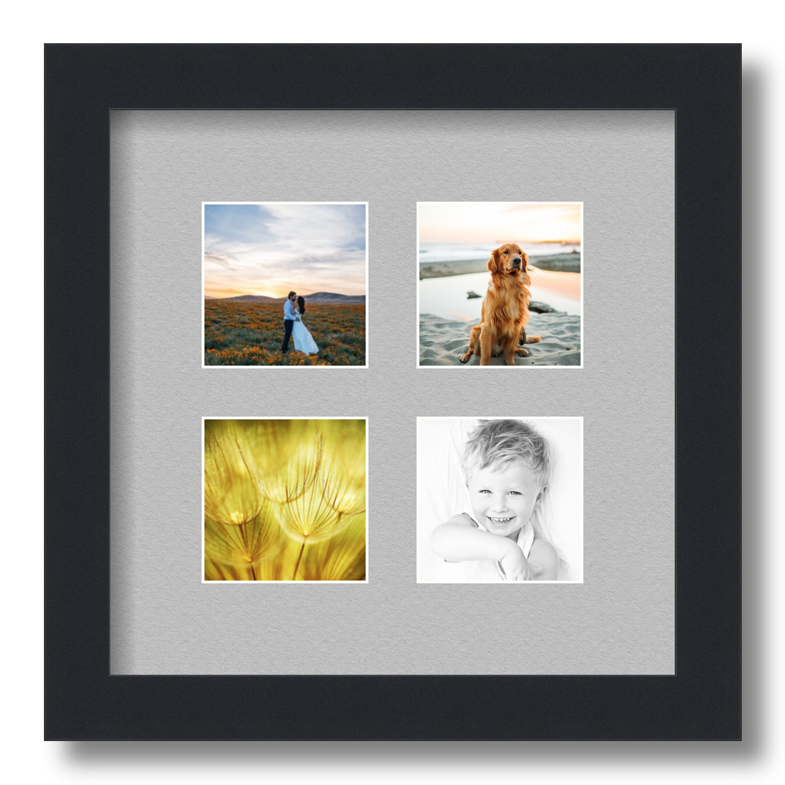 Collage Picture Frame, Satin Black Frame with 4 openings for 3x3 photos with TV Grey Mat. D3926ET7, ArtToframes
