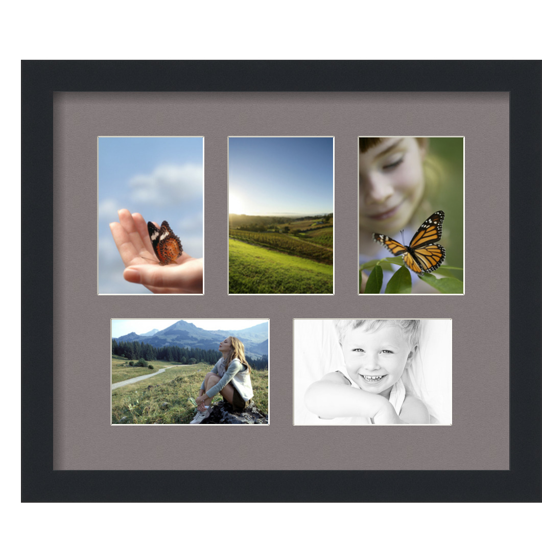 Collage Picture Frame, Satin Black Frame with 5 openings for 4x6 photos with Grey Pewter Mat. D3926GG706, ArtToframes