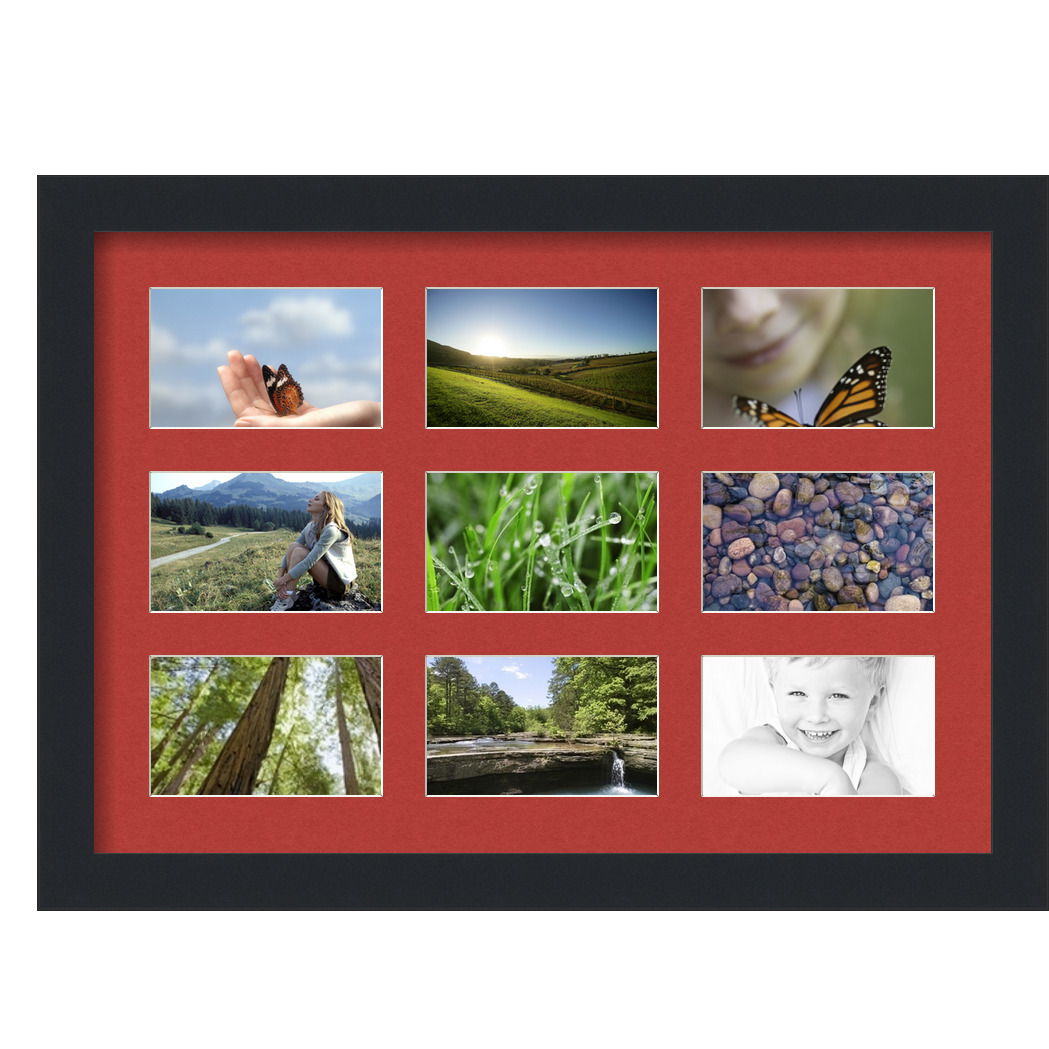 Collage Picture Frame, Satin Black Frame with 9 openings for 3x5 photos with Deep Red Mat. D3926II74, ArtToframes