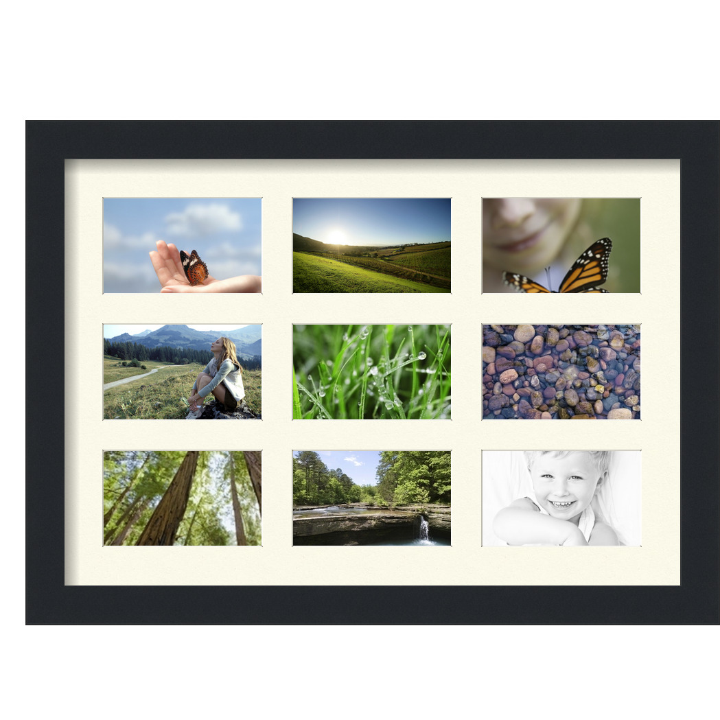 Collage Picture Frame, Satin Black Frame with 9 openings for 3x5 photos with Brilliant White Mat. D3926EM74, ArtToframes