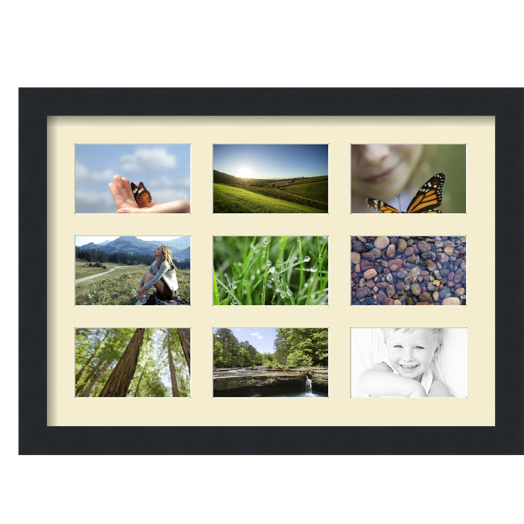 Collage Picture Frame, Satin Black Frame with 9 openings for 3x5 photos with Ivory Oyster Mat. D3926GC74, ArtToframes