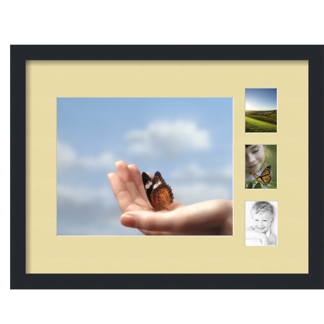 Collage Picture Frame, Satin Black Frame with 4 openings for 11x14 photos with Ivory Buttercup Mat. D3926GD745, ArtToframes