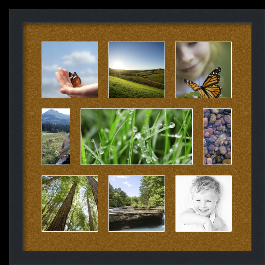 Collage Picture Frame, Satin Black Frame with 9 openings for 5x10 photos with Brown Coronado Mat. D3926EB755, ArtToframes