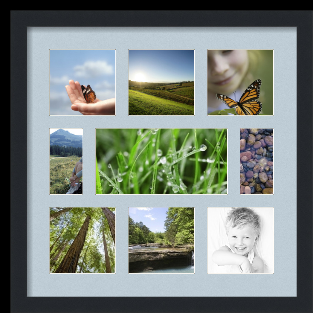 Collage Picture Frame, Satin Black Frame with 9 openings for 5x10 photos with Baby Blue Mat. D3926FT755, ArtToframes