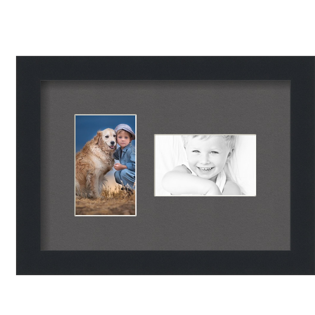 Collage Picture Frame, Satin Black Frame with 2 openings for 3x5 photos with Black Charcoal Mat. D3926EX774, ArtToframes