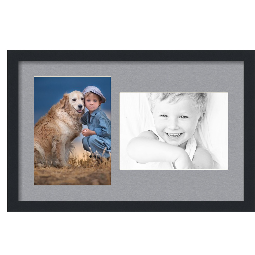 Collage Picture Frame, Satin Black Frame with 2 openings for 8.5x12 photos with Silver Mat. D3926HR776, ArtToframes