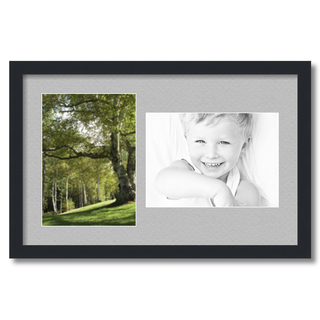 Collage Picture Frame, Satin Black Frame with 2 openings for 8.5x12 photos with TV Grey Mat. D3926ET776, ArtToframes