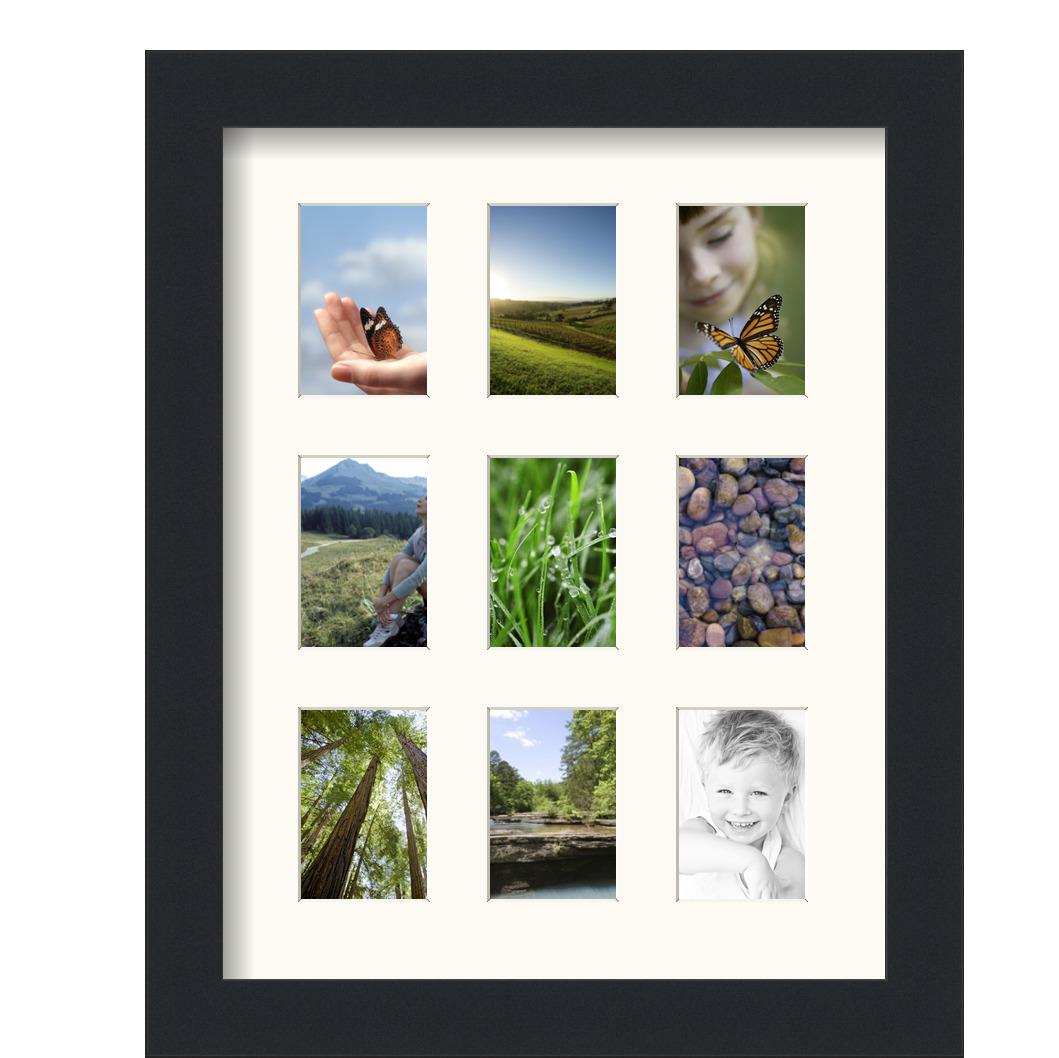 Collage Picture Frame, Satin Black Frame with 9 openings for 2x3 photos with White Mat. D3926IG78, ArtToframes